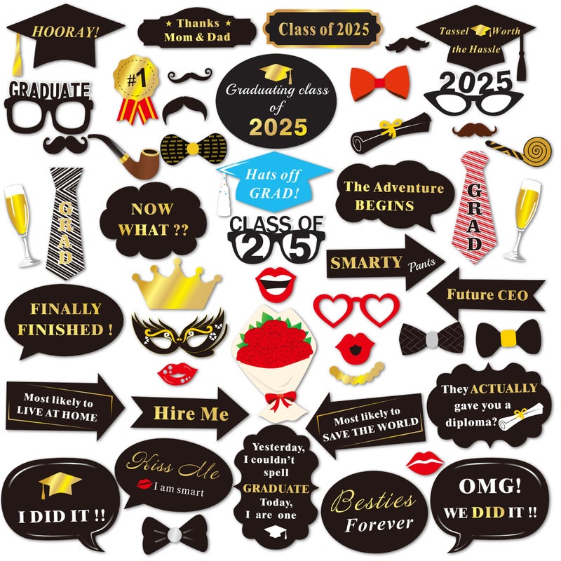 Konsait Graduation Photo Booth Props (50Count), Konsait Large Graduation Photo Props Class of 2025 Grad Decor with Sticks for Kids Boy Girl, Black and Gold, for Graduation Party Favors Supplies Decorations - Image 1